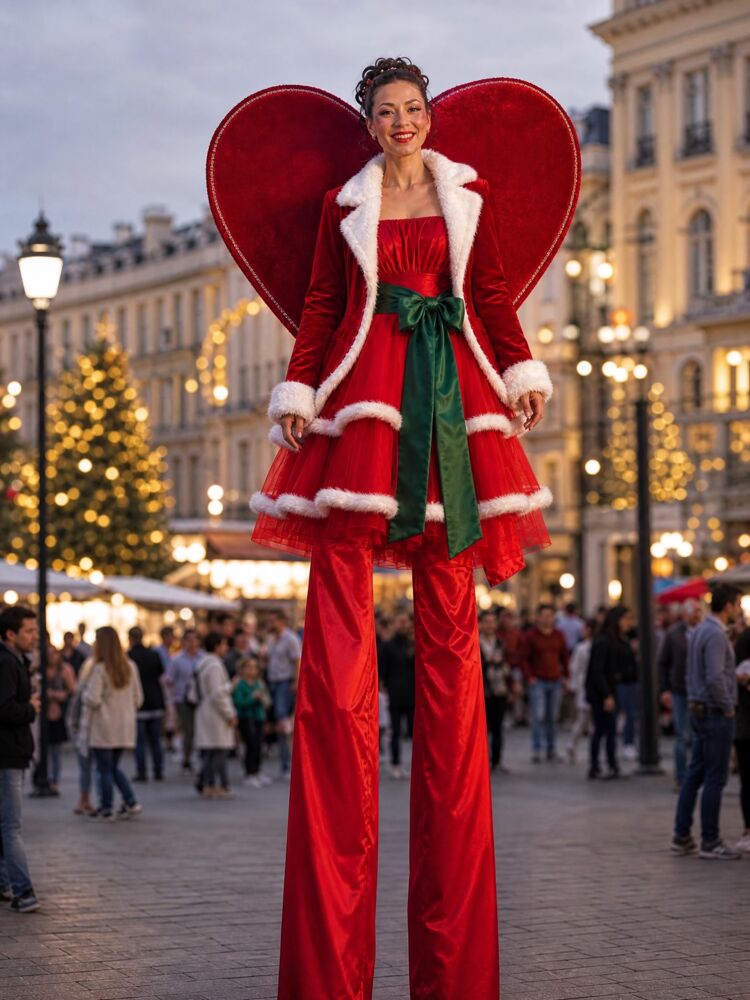 Artista em andas com asas vermelhas de Natal