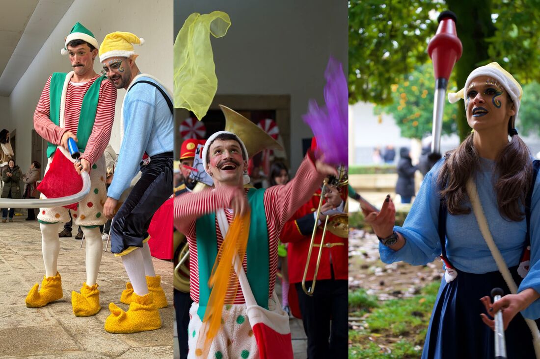 Duendes e banda de Natal em animação de rua